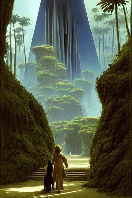 Prompt: emissary a woman walking her two dogs through a blue endor jungle ( designated : ix 3 2 4 4 - a ) in star wars to a magical building designed by zaha hadid, illustrated by arthur haas and bruce pennington and john schoenherr, cinematic matte painting, 8 k, dark color palate