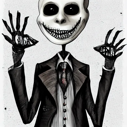 Image similar to grunge drawing of Klaus Schwab in the style of jack skellington and Jacob Shaw,creepy, surreal, trending on artstation, bold and vivid colour