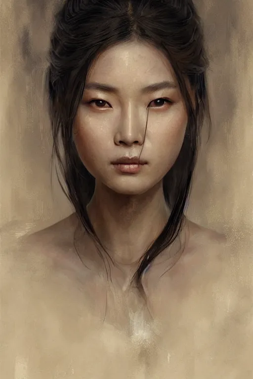 Image similar to a beautiful Chinese woman archer stares intently into the soul, beautiful bone structure, symmetrical facial features, intricate, elegant, digital painting, concept art, smooth, sharp focus, illustration by Ruan Jia and Mandy Jurgens and Artgerm and William-Adolphe Bouguerea