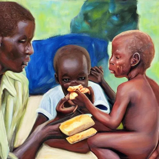 Image similar to oil painting of a malnourished ugandan boy sharing bread with a blond well fed child american, by julia pott