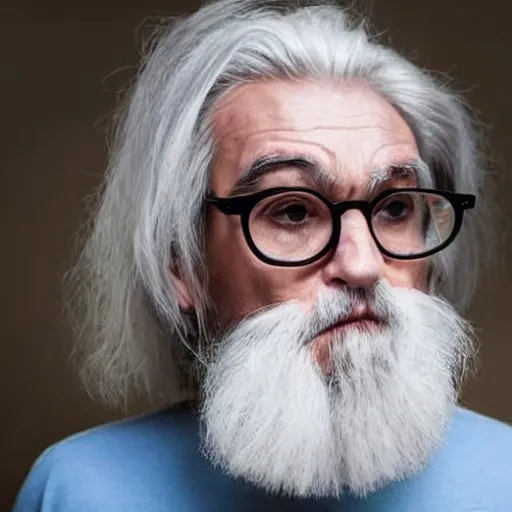 Prompt: man in his 5 0 s with long white hair, a white chin beard with no mustache and small thin - frame round glasses looks really mad