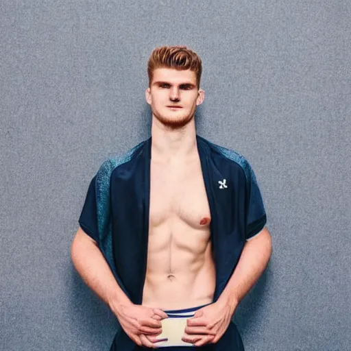 Image similar to a realistic detailed photo of a guy who is an attractive humanoid who is half robot and half humanoid, who is a male android, soccer player timo werner, shiny skin, posing like a statue, blank stare, in a living room, on display, showing off his muscles