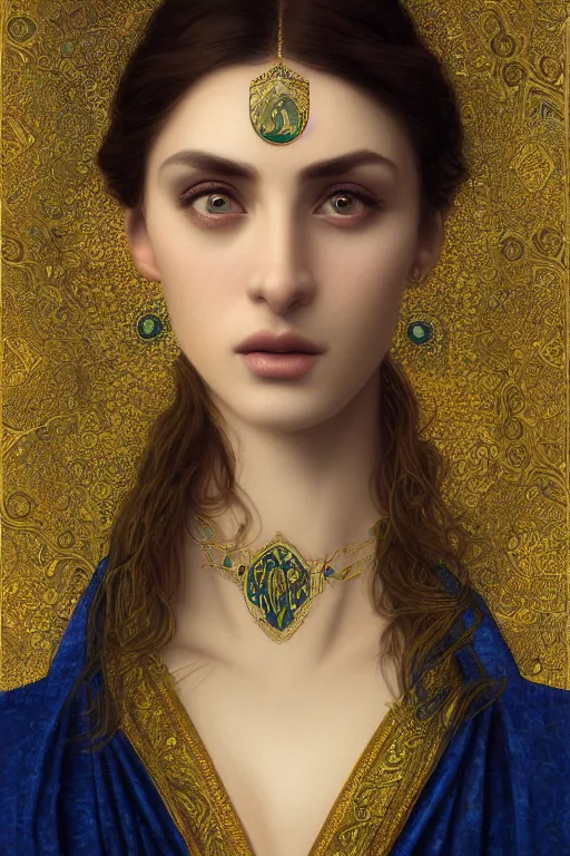 Image similar to 8k Portrait of a Beautiful Arabic female, sad green eyes, beautiful Porcelain skin, elegant, jewellery, digital painting, Pre-Raphaelites, highly detailed, concept art, cinematic lighting, smooth, sharp focus, gold and indigo, illustration, art by Klimt and Alphonse Mucha.