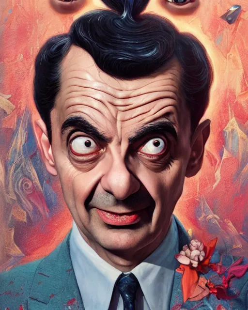 Image similar to vintage mr. bean movie poster by karol bak, james jean, tom bagshaw, rococo, sharp focus, trending on artstation, cinematic lighting, hyper realism, octane render, 8 k, hyper detailed.