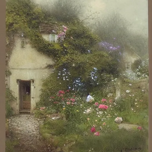 Prompt: (((((((victorian english cottage with a stone path and a flower garden))))))) . muted colors. by Jean-Baptiste Monge !!!!!!!!!!!!!!!!!!!!!!!!!!!!!!!!!!!!!!!!