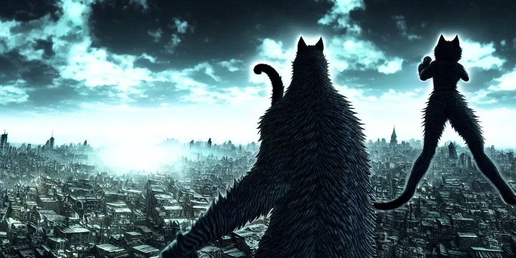 Image similar to Huge evil cat figure above a city, in the style of Kentaro Miura, Berserk, landscape, hyperdetailed, ultra quality, 4k, ultra details