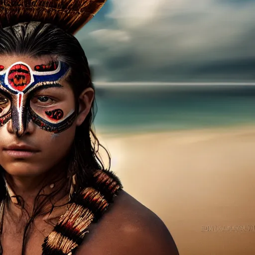 Image similar to portrait of a young mayan jaguar warrior, beach pic, depth of field, zeiss lens, detailed, symmetrical, centered, fashion photoshoot, by annie leibovitz and steve mccurry, david lazar, jimmy nelsson, breathtaking, 8 k resolution, extremely detailed, beautiful, establishing shot, artistic, hyperrealistic, beautiful face, octane render