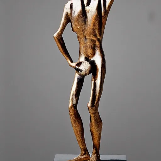 Image similar to Walking Man II by Alberto Giacometti wearing a cloth basketball jersey. Bronze Sculpture displayed in fine art museum.