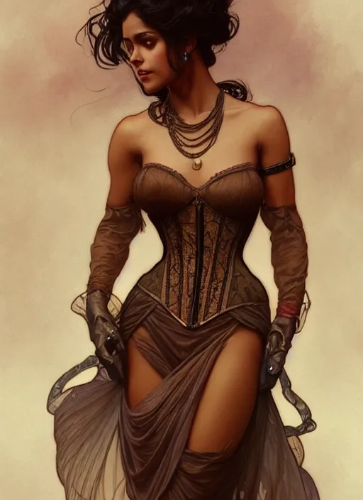 Image similar to cute brown woman wearing a transparent corset dress, fantasy, intricate, highly detailed, digital painting, artstation, concept art, wallpaper, smooth, sharp focus, illustration, art by artgerm and greg rutkowski and alphonse mucha