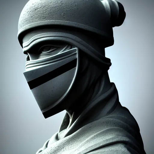 Image similar to 3 d octane rendering, marble statue of ninja wearing full face mask and hunter hat, vfx art, sharp, detailed, pinterest, unreal engine, behance, technological, octane render