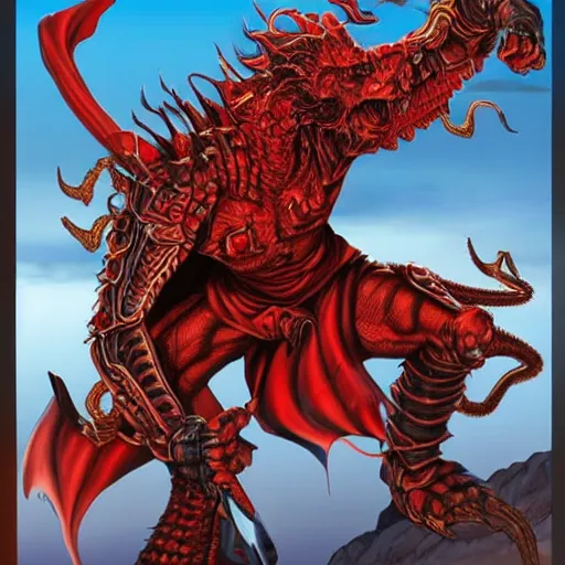 Image similar to am a naranbaatar ganbold, jean giraud, artgerm, man devil in armor made of iron and dragon bones, with hellish big beautiful red devil wings, height detailed body elements, against the background of mountains, ocean, battlefield