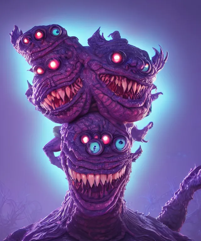 Prompt: a two headed xanathar made of bioluminescence in the art style of monsters inc, crisp 8 k line art, digital painting, artstation, unreal engine, octane render, emissive lighting, concept art, matte, sharp focus, hyper realistic lighting, illustration, deep royal blue and pink color scheme, art by junji ito