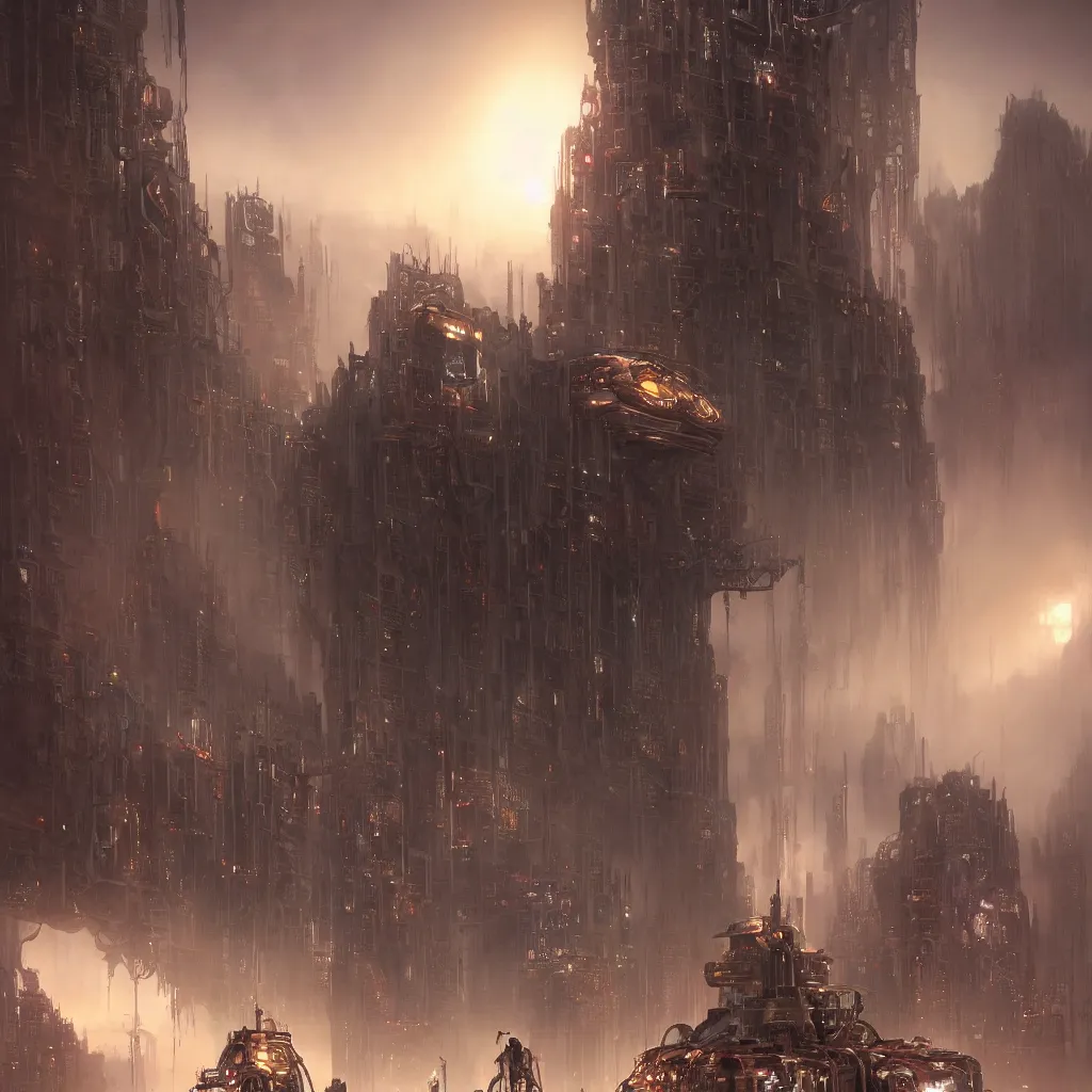 Prompt: lost souls feeding the eternal machine, epic shot, philosophical, low camera angle, monumental, very detailed, clear, dawn, by artgerm, ed repka, julie bell, beeple and Greg Rutkowski, airbrush, cyberpunk, science fantasy, 90s, hard sci-fi, concept art, matte painting, Smooth gradients, octane render, 8k, High contrast, depth of field, very coherent artwork