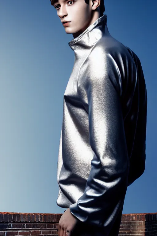 Image similar to un ultra high definition studio quality photographic art portrait of a young man standing on the rooftop of a british apartment building wearing soft padded silver pearlescent clothing. three point light. extremely detailed. golden ratio, ray tracing, volumetric light, shallow depth of field. set dressed.