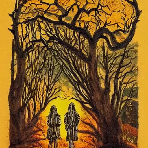 Prompt: brothers in the night. they are crawling into the morning. folk horror. realistic. beautiful. autumnal colours