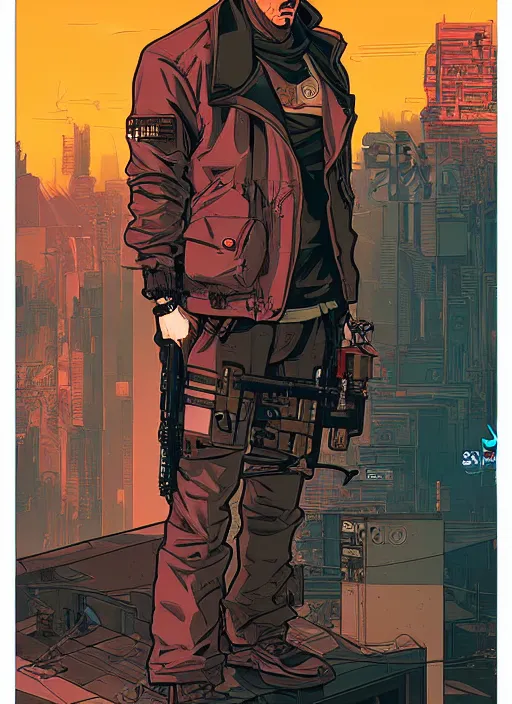 Prompt: cyberpunk cartel thug with scenic background. portrait illustration, pop art, art by ashley wood, alphonse mucha, laurie greasley and josan gonzalez. cinematic. dynamic lighting. realistic proportions. creative design. cell shading