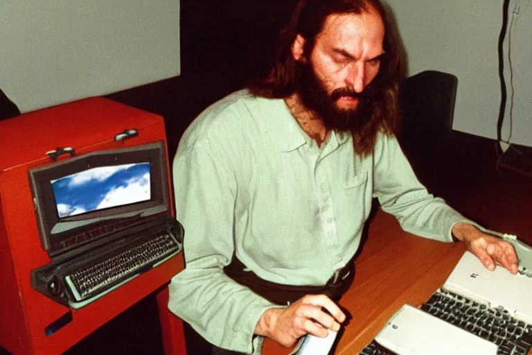 Prompt: a Photo made with a disposable camera of Jezus Christ playing a DOS game on his Personal Computer, in the year 1989