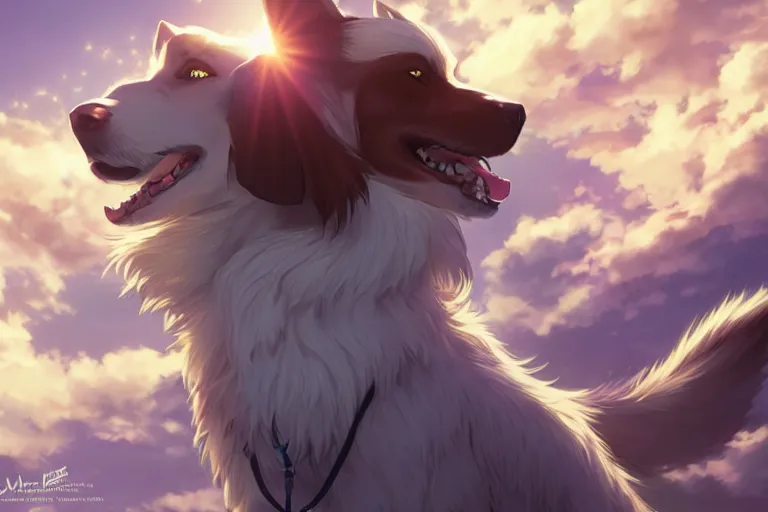 Image similar to blue eyed celestial dog, single subject, scenic full shot, ambient lighting, detailed face, by makoto shinkai, stanley artgerm lau, wlop, rossdraws