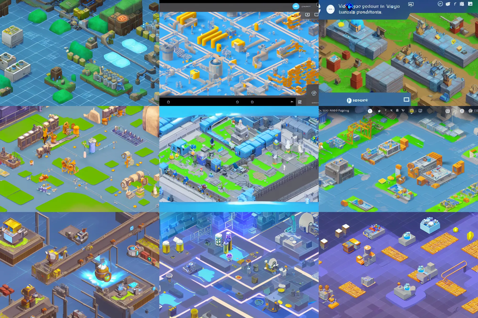 Prompt: video game screenshot. overlay ui ux buttons frames user interface windows screens panels toolbars. isometric view of a production line laboratory producing magic potions, conveyor belts, gears. cartoon pixar. outdoor light blue grass. beautiful trending rtx render, ghibli. rim light, clear focus, very coherent