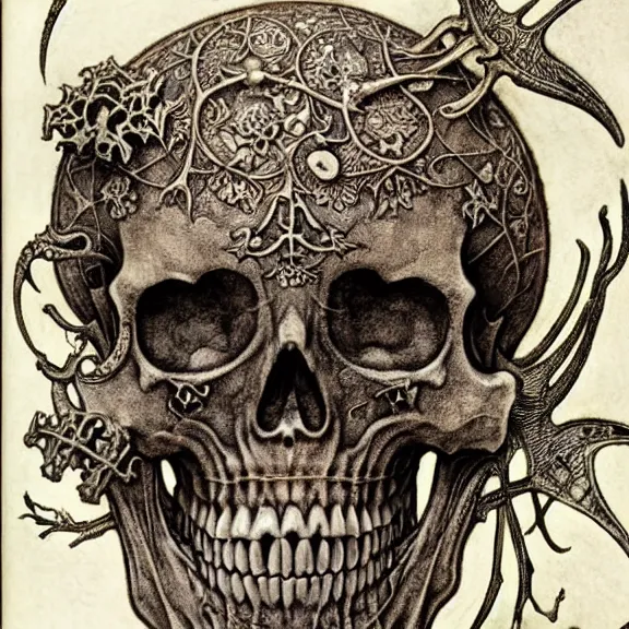 Image similar to memento mori by arthur rackham, art forms of nature by ernst haeckel, exquisitely detailed, art nouveau, gothic, ornately carved beautiful skull dominant, intricately carved antique bone, art nouveau botanicals, ornamental bone carvings, art forms of nature by ernst haeckel, horizontal symmetry, arthur rackham, ernst haeckel, symbolist, visionary