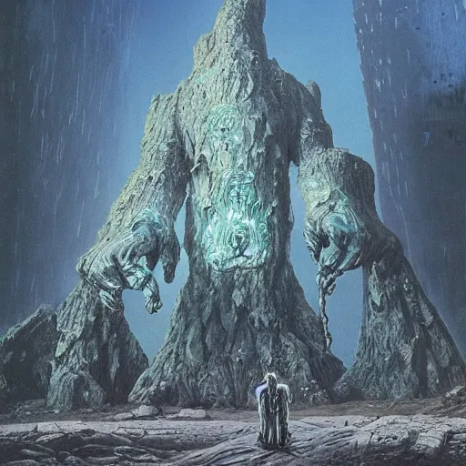 Prompt: concept art of a giant fractal golem, pride, day time, foreboding, fantasy, valley, wayne barlowe