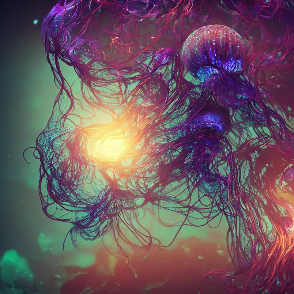 Image similar to a beautiful exquisite hyper detailed rendering of a bioluminescent jellyfish with flowing tendrils, vivid deep colors, scifi, realistic, octane render, vray render,