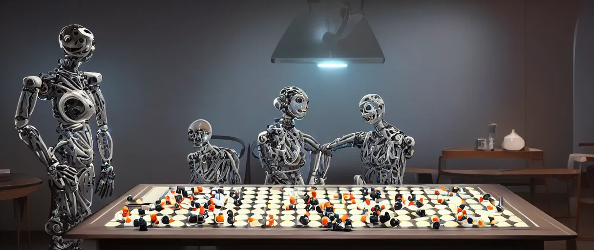 Image similar to a gorgeous highly detailed photo of two futuristic full - body humanoid robots with glowing led eyes sit on large midcentury recliners facing off in an intense game of checkers. cinematic movie photograph, cinematic lighting, arri alexa, extremely detailed, smooth, very very clean, 8 k, octane render, maya render, unreal engine, trending on artstation, dslr