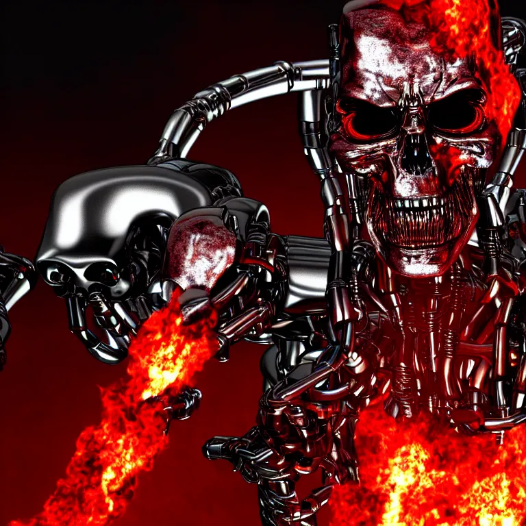 Image similar to terminator endoskeleton with red glowing eyes and fire behind it, movie still, chrome, shiny, reflective, metallic, 3 d render, realistic, hdr, stan winston studios, dramatic lighting, flame colors bright, ultra realistic