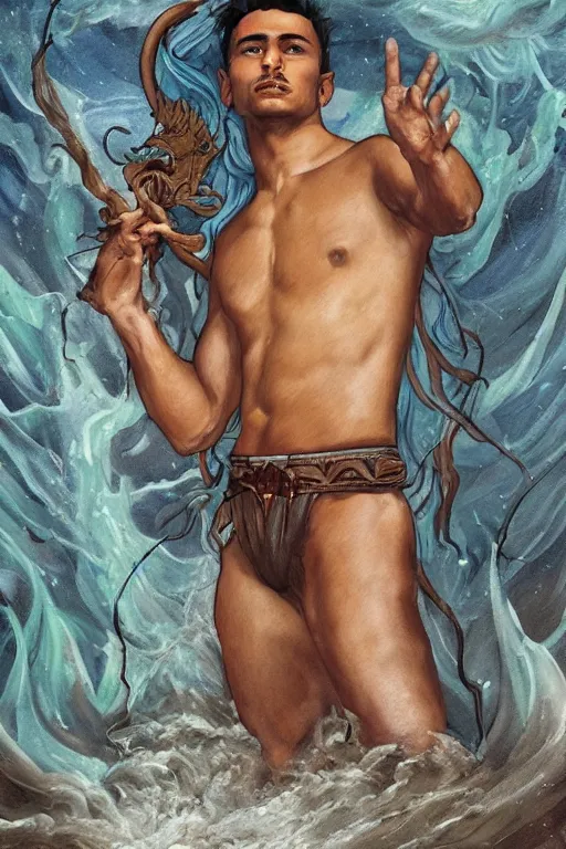 Prompt: a dramatic, epic, ethereal tarot painting of a handsome!! brown shirtless cowboy | background is a torrential flooding river | tarot card, art deco, art nouveau | by Mark Maggiori | trending on artstation