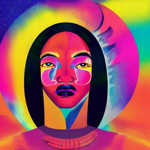 Image similar to closeup portrait of a black woman with yellow eyes and a rainbow background, digital art by tomokazu matsuyama, by ed paschke, behance contest winner, generative art, irridescent, retrowave, grain, androgynous, black background