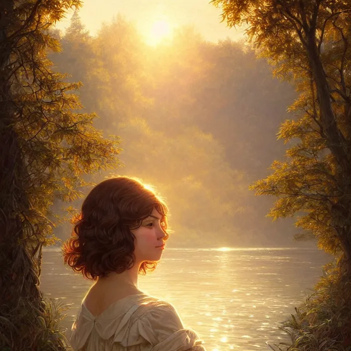 Image similar to a woman with short wavy hair, round face, cottagecore!!, river, trees, golden hour, intricate, elegant, highly detailed, digital painting, artstation, concept art, smooth, sharp focus, illustration, art by artgerm and greg rutkowski and alphonse mucha