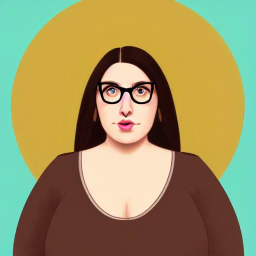 Prompt: A portrait of a plump woman, a cute art neuveau woman with straight brown hair in a Bob, no bangs, brown eyes, large glasses, full face, olive skin, romanian heritage, digital art, cartoon, medium shot, mid-shot, 8k, by mucha