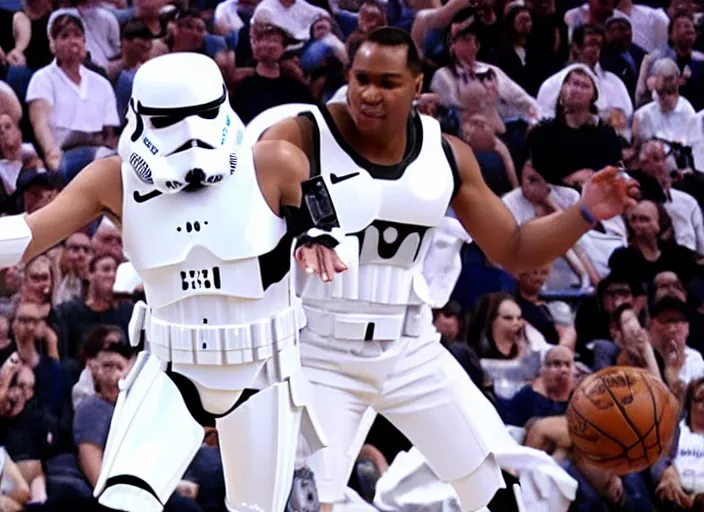 Image similar to ESPN still of Storm trooper playing in the nba playoffs live on espn, 4k