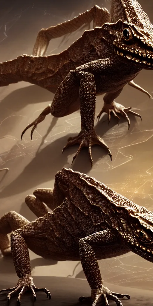 Image similar to a bipedal lizard slowly transforming into sheets of sparking metallic iron plates, matte oil painting, scales, concept art, dnd, clear, crisp, sharp, eldritch, award - winning, extremely detailed, 4 k, 8 k