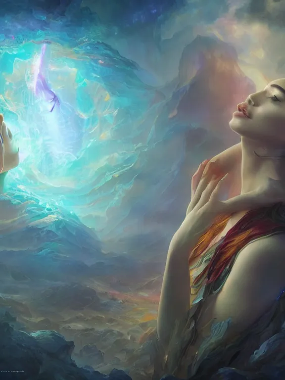 Prompt: a ultradetailed beautiful matte painting of a prismatic crystal absorbing the wonderful colours of the emotion around it to open the dream, oil painting, high resolution 4 k, by tom bagshaw, greg rutkowski, charlie bowater and artgeem