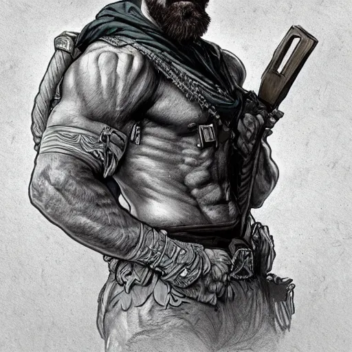 Image similar to portrait of a rugged ranger, muscular, upper body, hairy torso, D&D, fantasy, intricate, elegant, highly detailed, digital painting, artstation, concept art, smooth, sharp focus, illustration, art by alphonse mucha