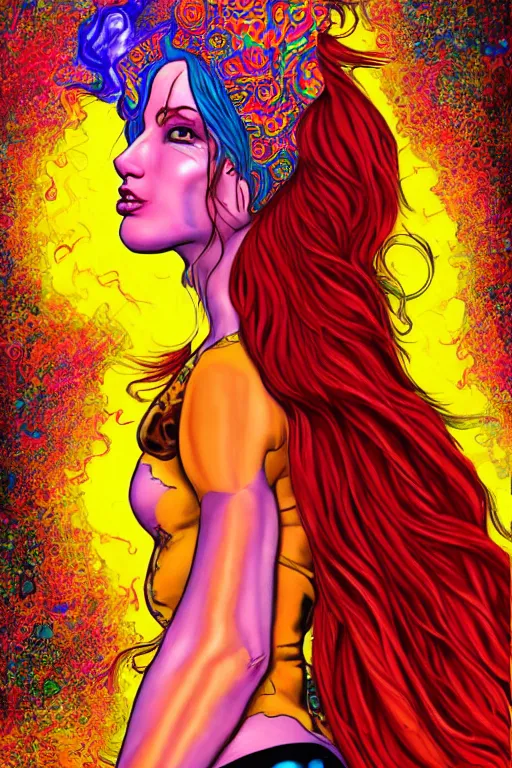 Image similar to a psychedelic detailed gorgeous acid trip painting of an extremely attractive superhero female character wearing a tight-fitting tan detective jacket, detective had on her head, beautiful [[[long red hair]]] in loose curls, slender woman, very curvy, noir, smoking a fancy long french cigarette, in the rain in the early evening, cinematic, dramatic lighting, full body view, cool pose, artwork by Artgerm and colors by Kenneth Rocafort, featured on artstation, cgsociety, behance hd