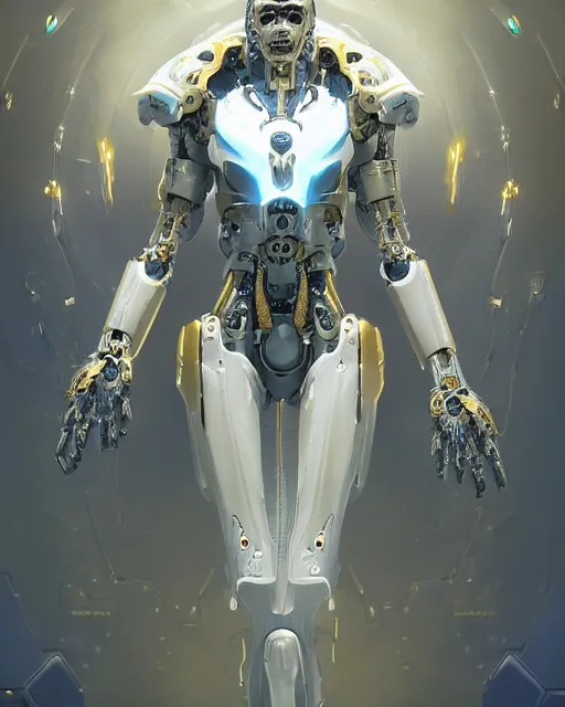 Image similar to benevolent cyborg necromancer, scifi, futuristic, helpful, kind, intelligent, alien room background, white, blue, gold, highly detailed, trending on artstation, soft light, holy machine, advanced technology, art by vitaly bulgarov and nivanh chanthara