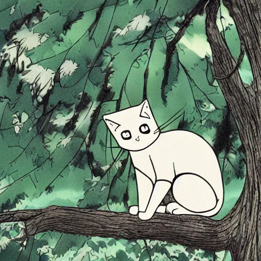 Prompt: a cat over a tree in manga characters