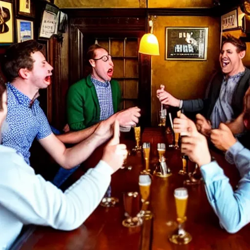 Image similar to 5 ducks pointing microphones at each other in a british pub as a photo