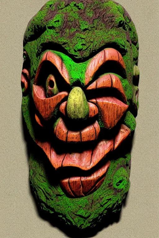 Prompt: terror clownvamp totem made in carved mossy wood, realistic and ultra detailed, texturized, indirect volummetric light, mask effect layer, sharpen and antialiased