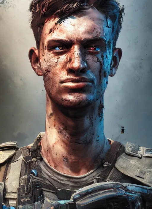 Image similar to A comic book style portrait painting of a male soldier in a post apocalyptic world, unreal 5, DAZ, hyperrealistic, octane render, RPG portrait, dynamic lighting