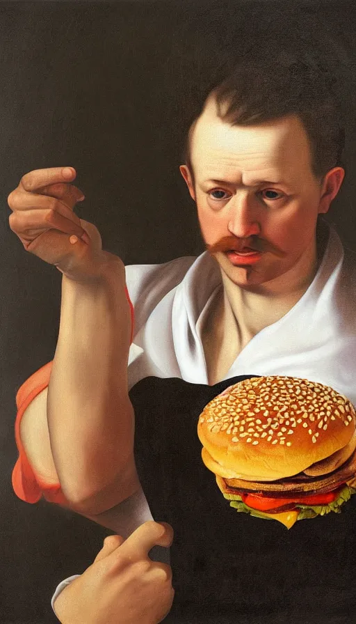 Prompt: hyperrealistic still life painting of a Trump holding a McDonalds burger, by Caravaggio, botanical print