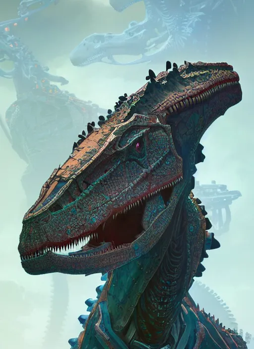 Image similar to symmetry!! portrait of a hybrid robot dinosaur, floral! horizon zero dawn machine, intricate, elegant, highly detailed, ray tracing, digital painting, artstation, concept art, smooth, sharp focus, illustration, art by artgerm and greg rutkowski and alphonse mucha, 8 k