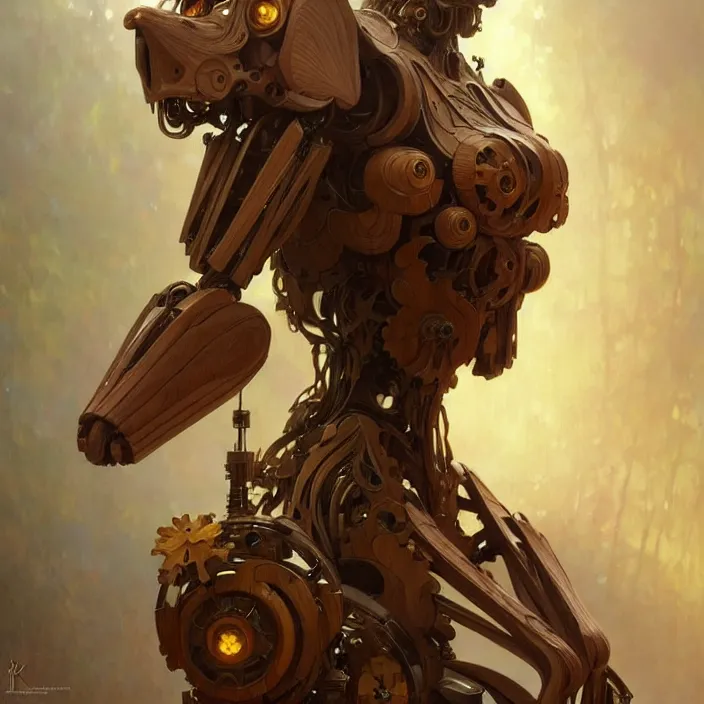 Image similar to organic wooden mech, diffuse lighting, fantasy, intricate, elegant, highly detailed, lifelike, photorealistic, digital painting, artstation, illustration, concept art, smooth, sharp focus, art by john collier and albert aublet and krenz cushart and artem demura and alphonse mucha