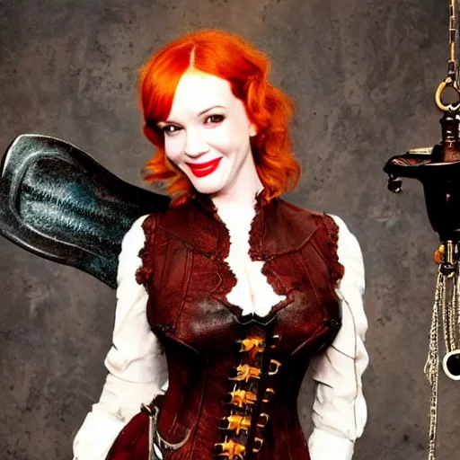 Prompt: full body photo of christina hendricks as a steampunk vampire warrior