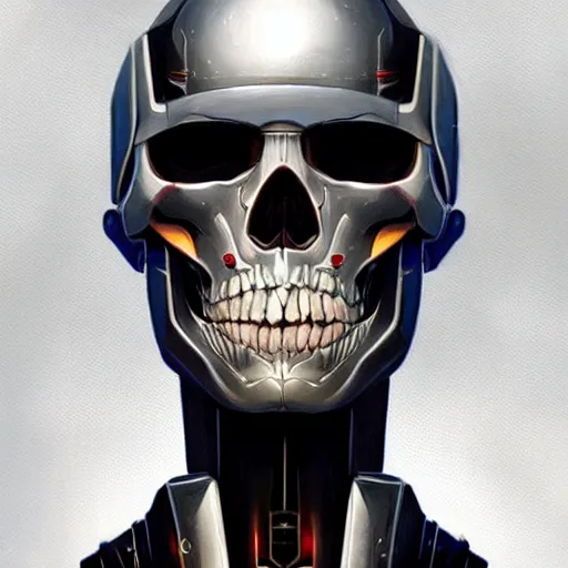 Image similar to skull - headed robot cyborg painting, illutstration, concept art, cyberpunk, futurism, comics art, artgerm