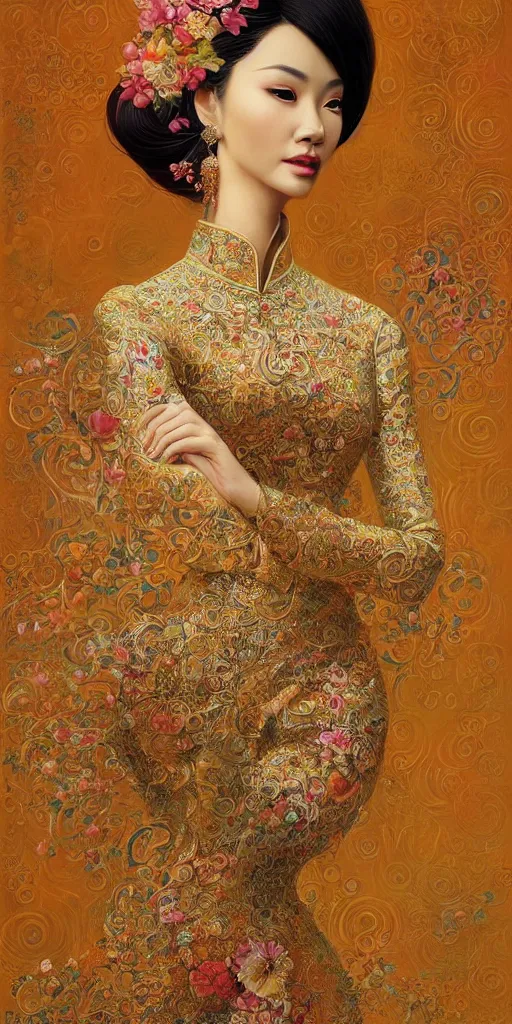 Prompt: portrait of a beautiful vietnamese woman wearing vietnamese ao dai, intricate, detailed, symmetric face, by wlop and karol bak