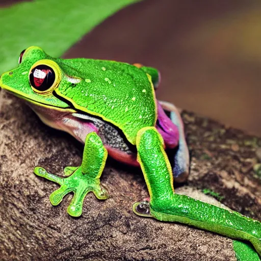 Prompt: a vibrantly green treefrog sitting on a leaf in the rain, professional photography, canon camera, cinematic lighting