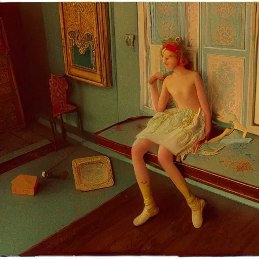 Image similar to a young ivory and golden filigree girl in an soviet liminal abandoned room, film still by wes anderson, depicted by balthus, limited color palette, very intricate, art nouveau, highly detailed, lights by hopper, soft pastel colors